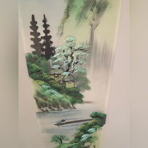 Vintage Japanese Landscape Painting on Rice Paper 35”x13” Lake Fisherman Serene